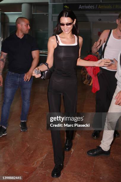 Model Bella Hadid is seen arriving ahead of the 75th annual Cannes film festival at Nice Airport on May 23, 2022 in Nice, France.