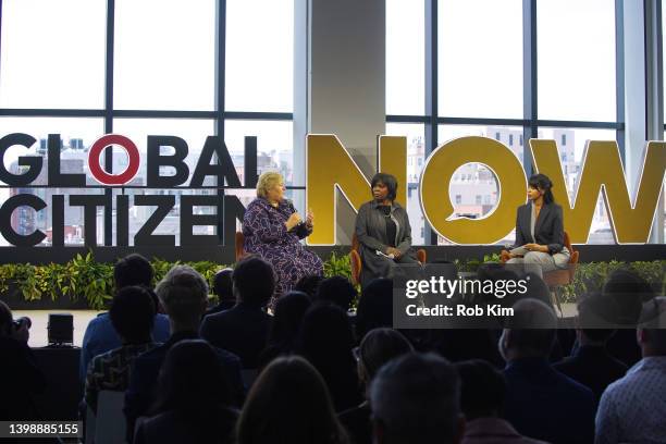 Former Prime Minister of Norway and GC Global Board Member Erna Solberg, Ertharin Cousin and Sabrina Dhowre Elba speak onstage at the Global Citizen...