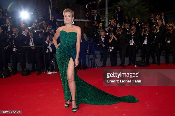 Sharon Stone attends the screening of "Crimes Of The Future" during the 75th annual Cannes film festival at Palais des Festivals on May 23, 2022 in...