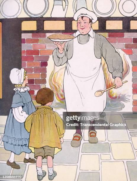 Illustration , from the book 'Jolly Mother Goose,' depicts two children and a baker in front of a large fireplace, 1916. It was published by...