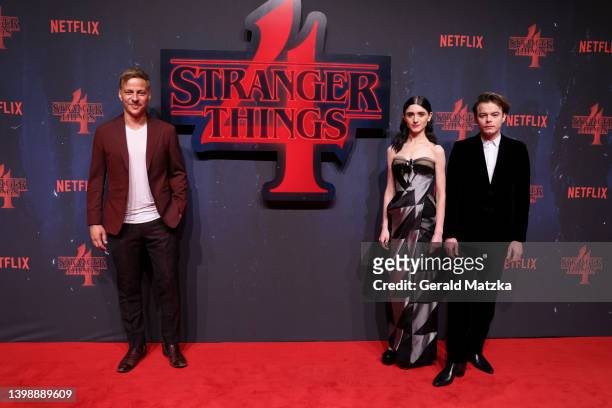 Tom Wlaschiha, Natalia Dyer and Charlie Heaton arrive for the screening of the Netflix series "Stranger Things" Season 4 at Kraftwerk on May 23, 2022...