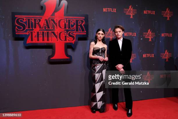 Natalia Dyer and Charlie Heaton arrive for the screening of the Netflix series "Stranger Things" Season 4 at Kraftwerk on May 23, 2022 in Berlin,...