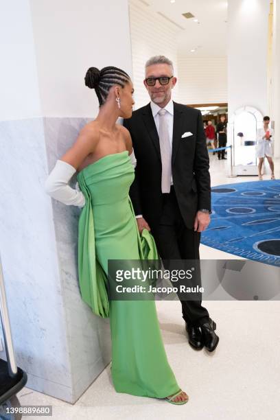 Vincent Cassel and Tina Kunakey are seen at Hotel Martinez during the 75th annual Cannes film festival on May 23, 2022 in Cannes, France.