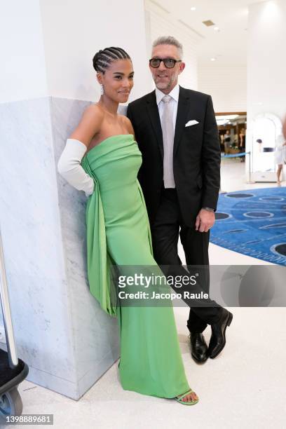 Vincent Cassel and Tina Kunakey are seen at Hotel Martinez during the 75th annual Cannes film festival on May 23, 2022 in Cannes, France.