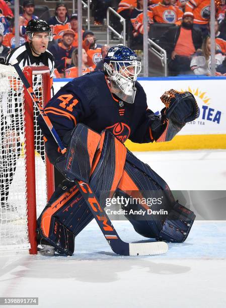 May 22: Mike Smith of the Edmonton Oilers awaits a face-off during Game Three of the Second Round of the 2022 Stanley Cup Playoffs against the...