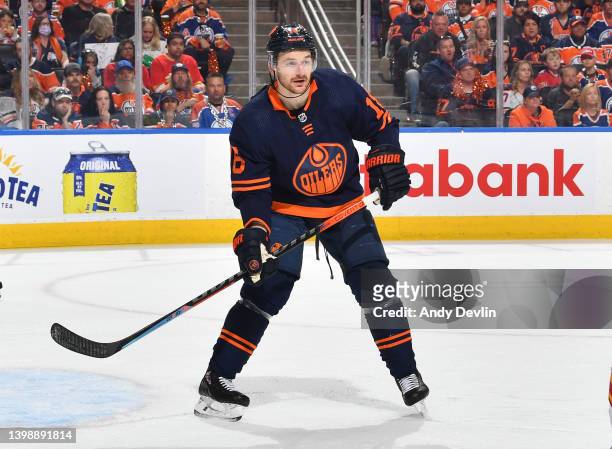 May 22: Zach Hyman of the Edmonton Oilers skates during Game Three of the Second Round of the 2022 Stanley Cup Playoffs against the Calgary Flames on...