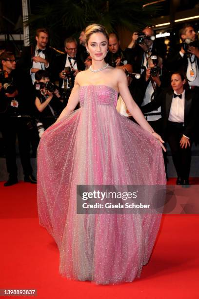 Denise Capezza departs the screening of "Crimes Of The Future" during the 75th annual Cannes film festival at Palais des Festivals on May 23, 2022 in...