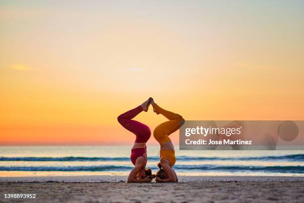 two women doing yoga on the beach at sunrise in the  sirsasana posture - shirshasana stock pictures, royalty-free photos & images