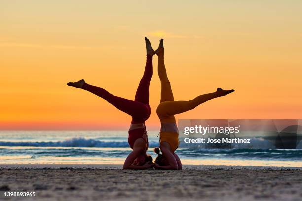 two women doing yoga on the beach at sunrise in the  sirsasana posture - shirshasana stock pictures, royalty-free photos & images