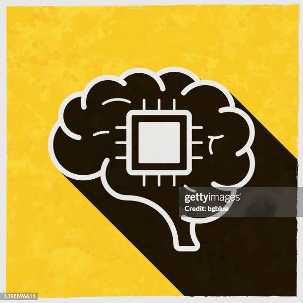 brain chip implant. icon with long shadow on textured yellow background - chips on paper stock illustrations