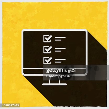 Desktop computer with checklist. Icon with long shadow on textured yellow background Desktop computer with checklist. Icon with long shadow on textured yellow background