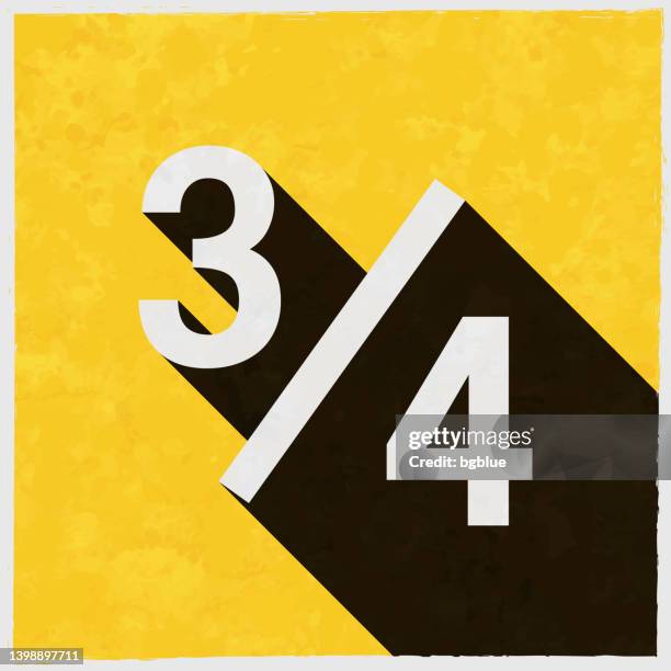 3 out of 4 - three quarters. icon with long shadow on textured yellow background - 25 cents stock illustrations