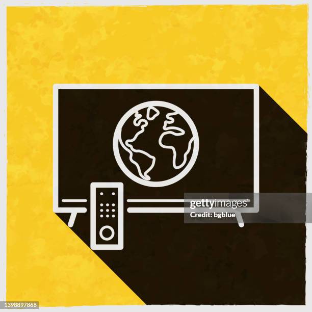 tv with earth. icon with long shadow on textured yellow background - world map old stock illustrations
