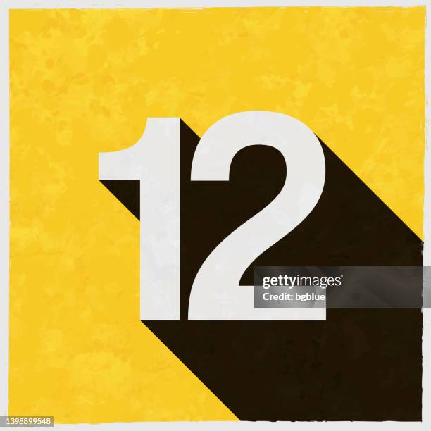 illustrazioni stock, clip art, cartoni animati e icone di tendenza di 12 - numero dodici. icona con ombra lunga su sfondo giallo strutturato - numero 12