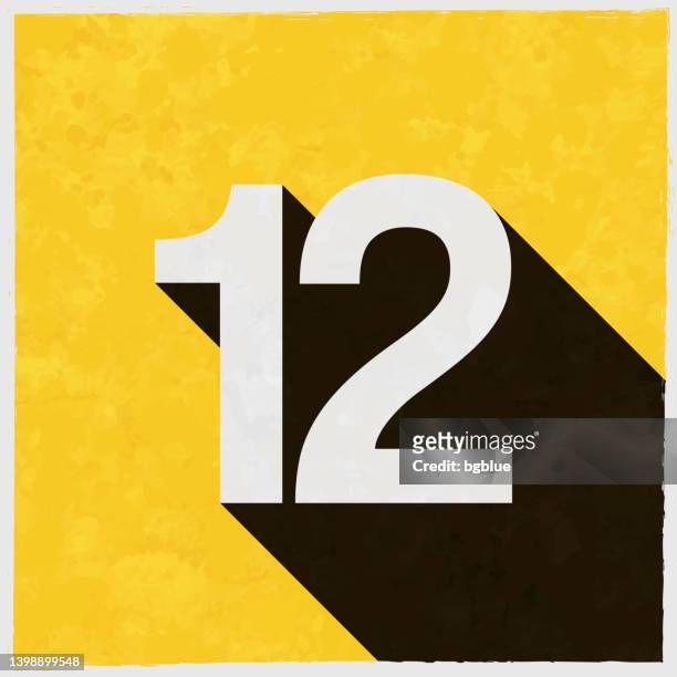 12 - number twelve. icon with long shadow on textured yellow background - 長陰影設計 幅插畫檔、美工圖案、卡通及圖標