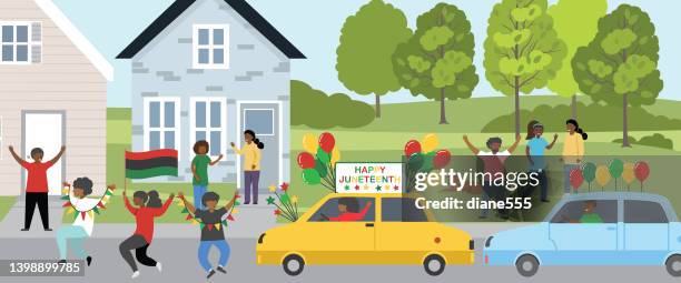 parade with people celebrating juneteenth - family backyard stock illustrations