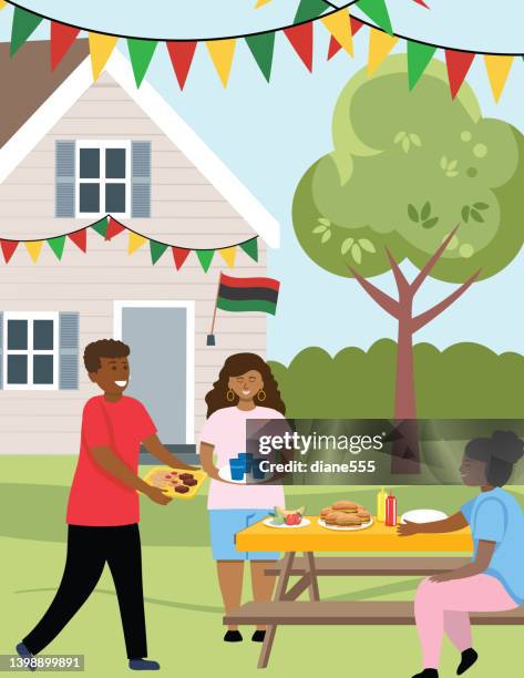 family celebrating juneteenth - barbeque party woman stock illustrations