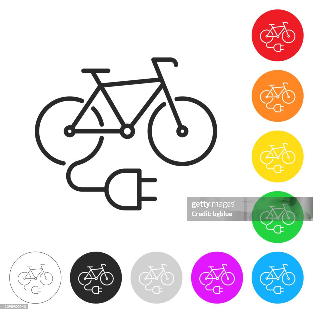 Electric bike with plug. Icon on colorful buttons