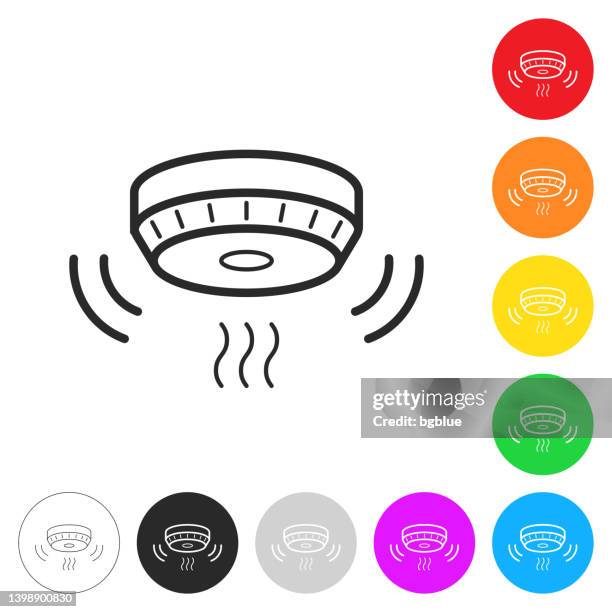 ilustraciones, imágenes clip art, dibujos animados e iconos de stock de alarma de humo. icono en botones coloridos - smoke-detector-with-smoke
