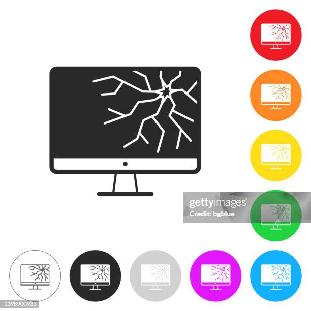 desktop computer with broken screen. icon on colorful buttons - broken tv vector stock illustrations