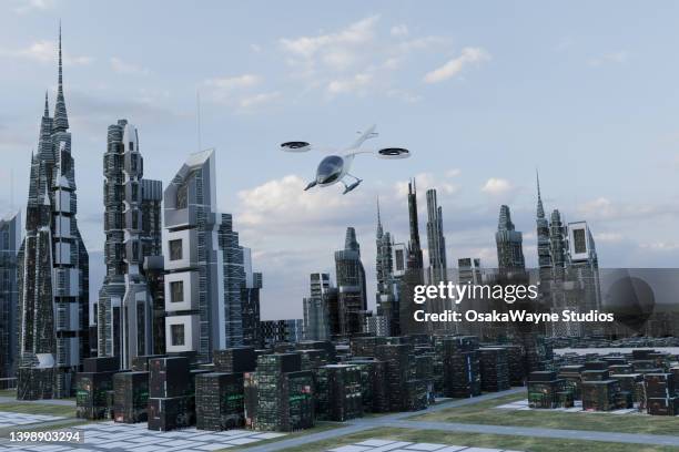 modern luxurious evtol aircraft against buildings in city in future - city future ストックフォトと画像