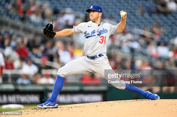 Tyler Anderson of the Los Angeles Dodgers pitches in the second inning against the Washington Nationals at Nationals Park on May 23, 2022 in...