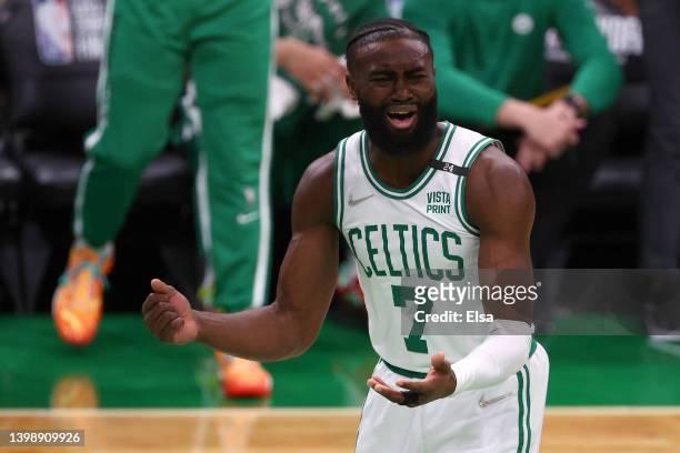 Jaylen Brown of the Boston Celtics reacts against the Miami Heat during the first quarter in Game Four of the 2022 NBA Playoffs Eastern Conference...