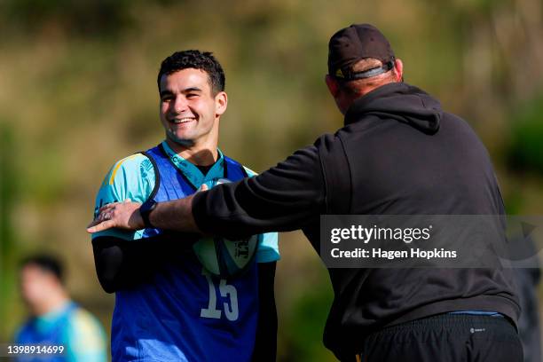 Joshua Moorby reacts after colliding with Assistant Coach Chris Gibbes during a Hurricanes Super Rugby Pacific training session at Rugby League Park...