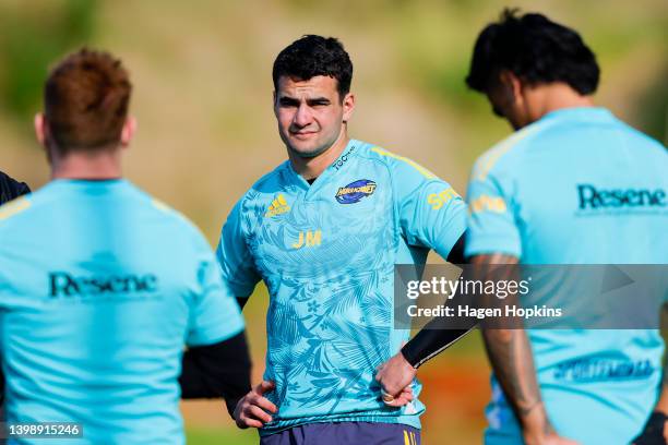 Joshua Moorby looks on during a Hurricanes Super Rugby Pacific training session at Rugby League Park on May 24, 2022 in Wellington, New Zealand.