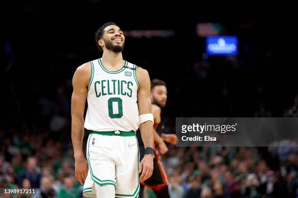Jayson Tatum of the Boston Celtics reacts against the Miami Heat during the second quarter in Game Four of the 2022 NBA Playoffs Eastern Conference...