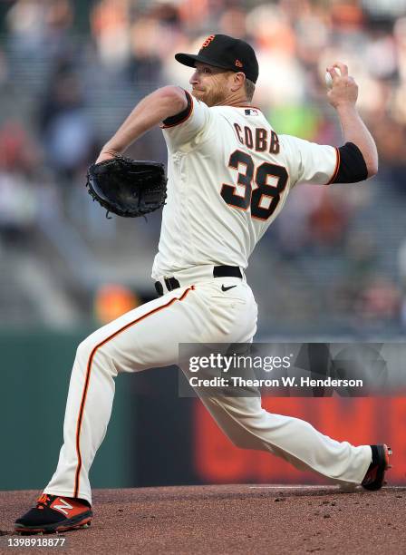 Alex Cobb of the San Francisco Giants pitches against the New York Mets in the top of the first inning at Oracle Park on May 23, 2022 in San...