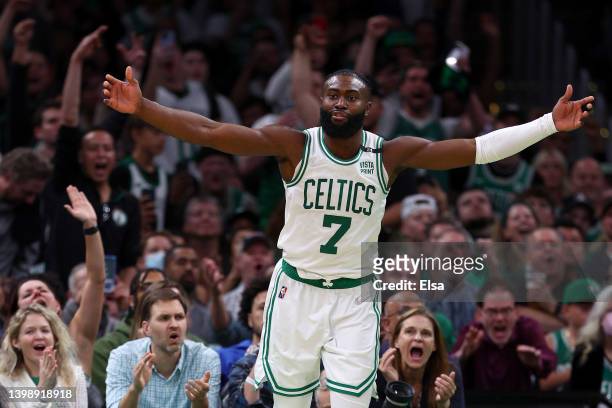 Jaylen Brown of the Boston Celtics celebrates a basket against the Miami Heat during the third quarter in Game Four of the 2022 NBA Playoffs Eastern...