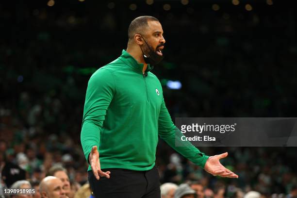 Head Coach Ime Udoka of the Boston Celtics reacts against the Miami Heat during the second quarter in Game Four of the 2022 NBA Playoffs Eastern...