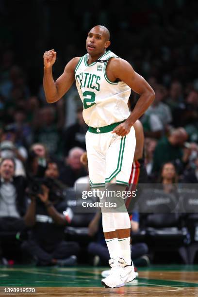 Al Horford of the Boston Celtics reacts against the Miami Heat during the third quarter in Game Four of the 2022 NBA Playoffs Eastern Conference...