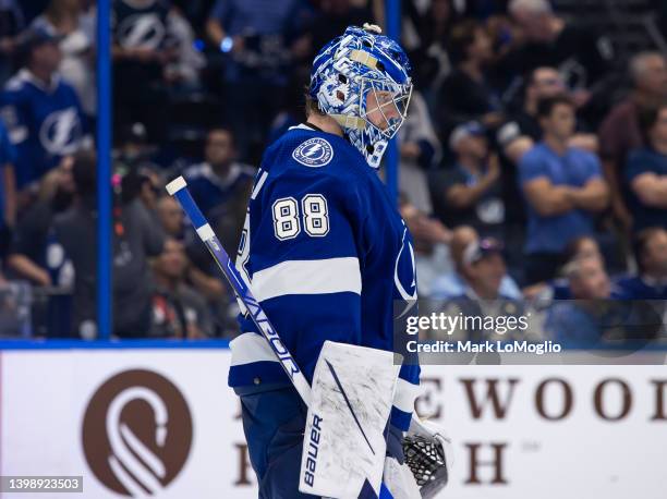 Goalie Andrei Vasilevskiy of the Tampa Bay Lightning skates against the Florida Panthers during the second period in Game Four of the Second Round of...