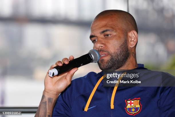 Dani Alves of FC Barcelona speaks to the press during a media opportunity at Pullman Grand Quay Sydney on May 24, 2022 in Sydney, Australia.