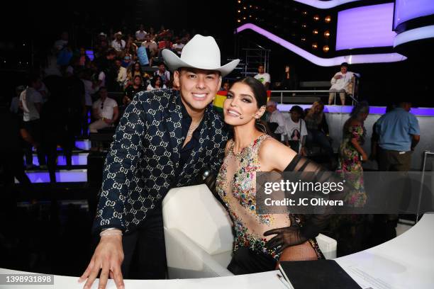 Luis Alfonso Partida Cisneros better known as "El Yaki" and Ana Bárbara pose onstage during "Tengo Talento, Mucho Talento" Season 26 Top 12 on May...