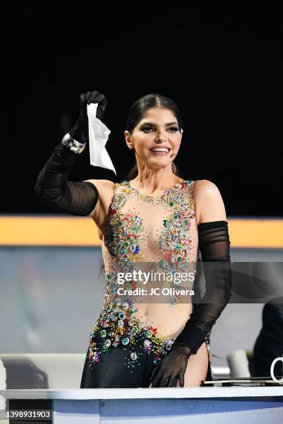 Ana Bárbara speaks onstage during "Tengo Talento, Mucho Talento" Season 26 Top 12 on May 23, 2022 in Burbank, California.