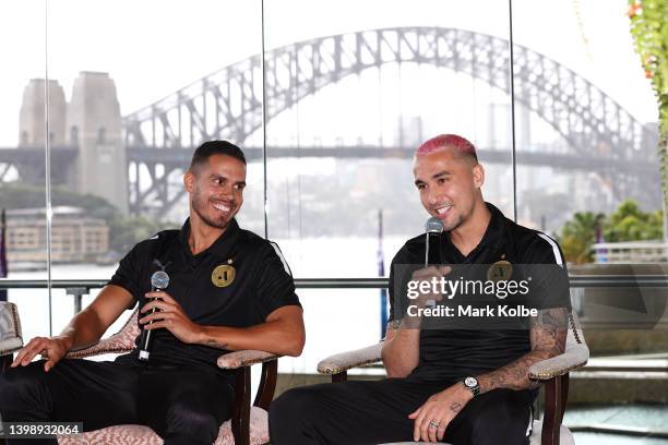 Jack Rodwell of the A-Leagues All Stars laughs as Jason Davison of the League All Stars speaks to the press during a media opportunity at Pullman...