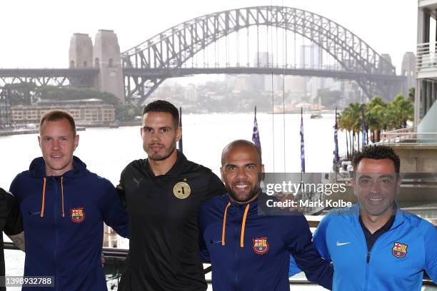 Marc-André ter Stegen of FC Barcelona, Jack Rodwell of the A-Leagues All Stars, Dani Alves of FC Barcelona and FC Barcelona Coach Xavi Hernandez pose...