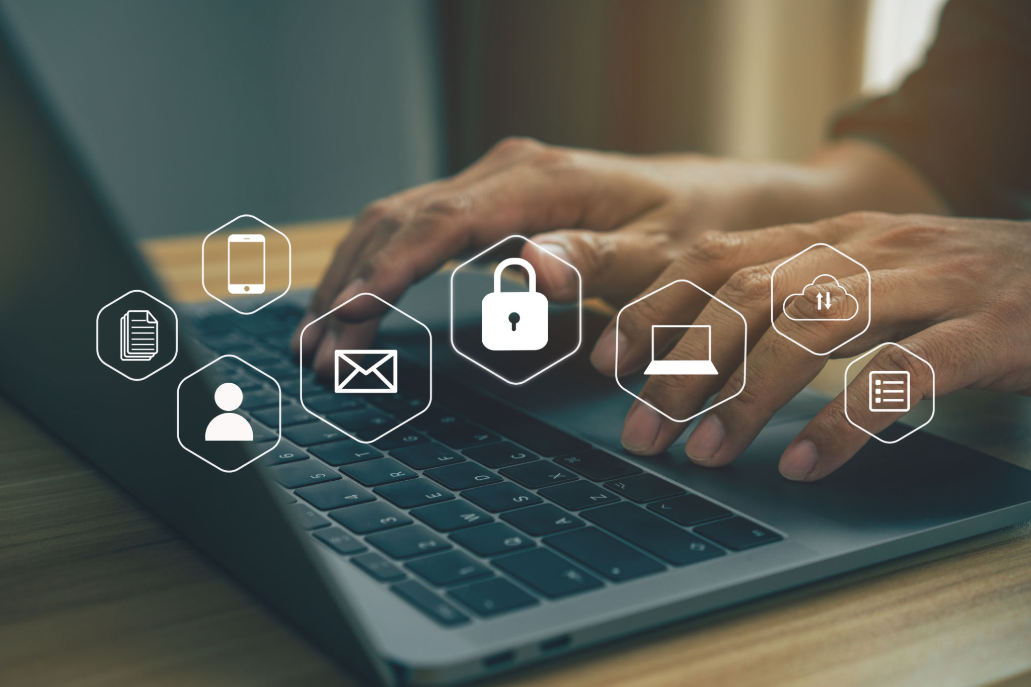 Businessmen protecting personal data on laptop and virtual interfaces. Businessmen protecting personal data on laptop and virtual interfaces.