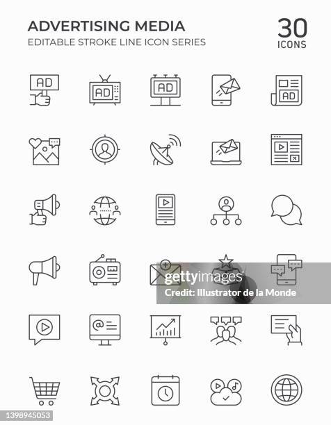 advertising media editable stroke line icons - social networking and blogging website twitter stock illustrations