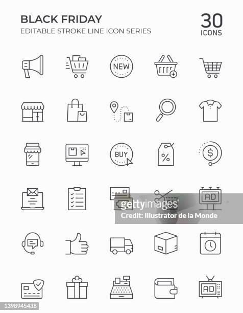 black friday editable stroke line icons - bekleidungsgeschäft stock-grafiken, -clipart, -cartoons und -symbole