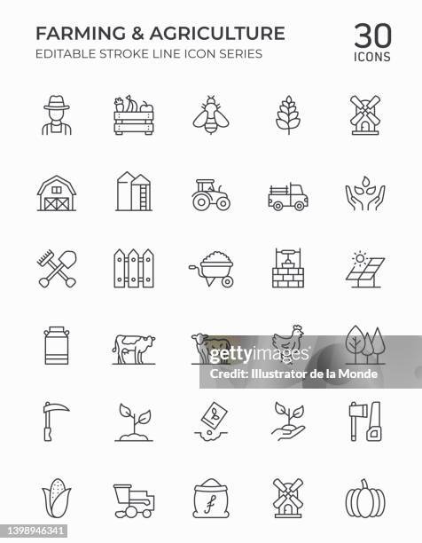 farming and agriculture editable stroke line icons - farmer icon stock illustrations