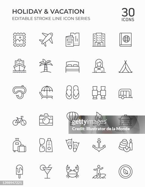 holiday and vacation editable stroke line icons - destination de voyage 幅插畫檔、美工圖案、卡通及圖標