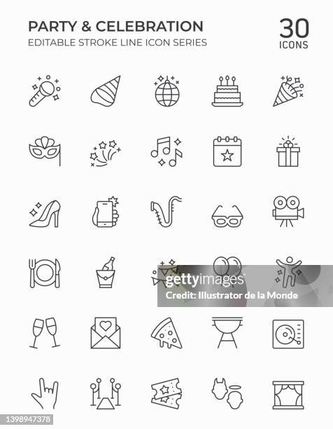 stockillustraties, clipart, cartoons en iconen met party and celebration editable stroke line icons - birthday icon