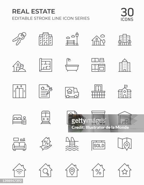 immobilien editable stroke line icons - stockwerk stock-grafiken, -clipart, -cartoons und -symbole