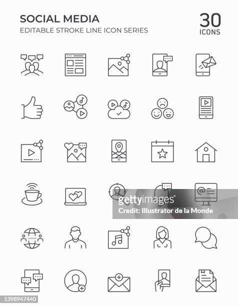 social media editable stroke line icons - content stock illustrations