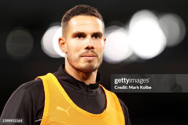 Jack Rodwell speaks to a team mate during an A-Leagues All Stars training session at Accor Stadium on May 24, 2022 in Sydney, Australia.