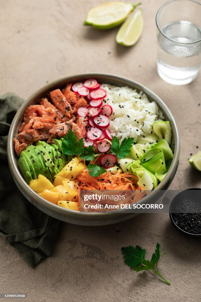 Poke bowl with avocado salmon mango rice zucchini radish and black sesame